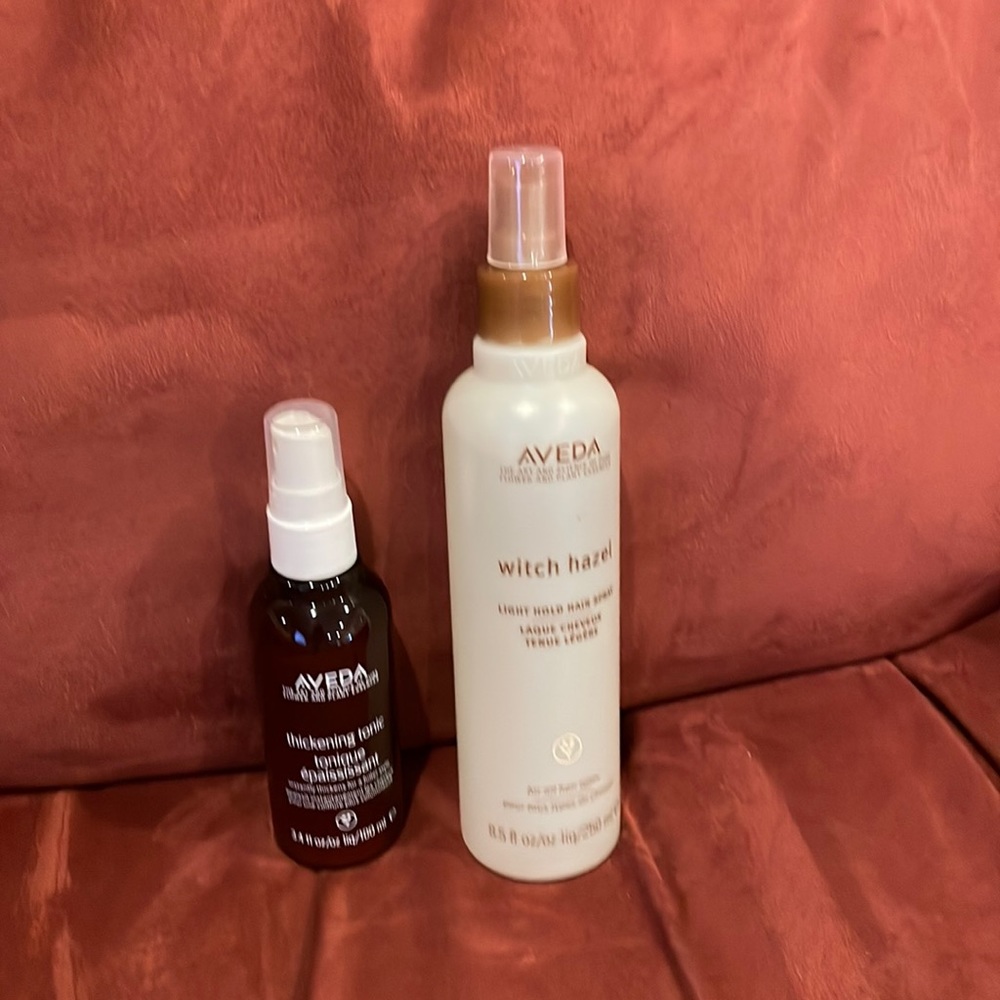 AVEDA witch hazel light hold hair hair spray and thickening tonic.